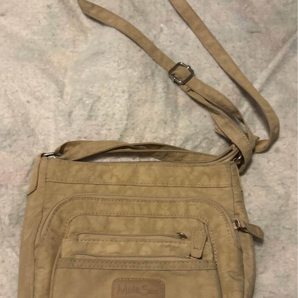 MultiSac Tan Nylon Crossbody Organizer Bag Multi Pocket Shoulder Purse